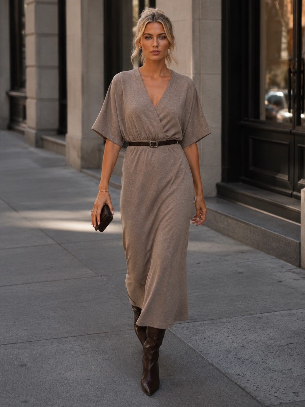 Zara Belted Piqué Midi Dress Light Brown Wrap V-Neck Size M NWT